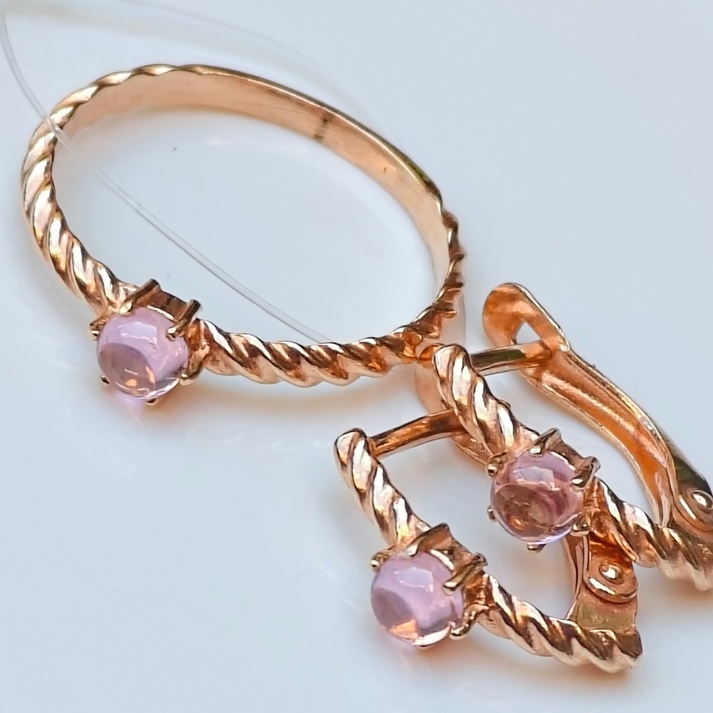 Rose Gold Plating Pink Stone Jewelry Set Earrings Ring Twist Rope Cubic Zirconia
